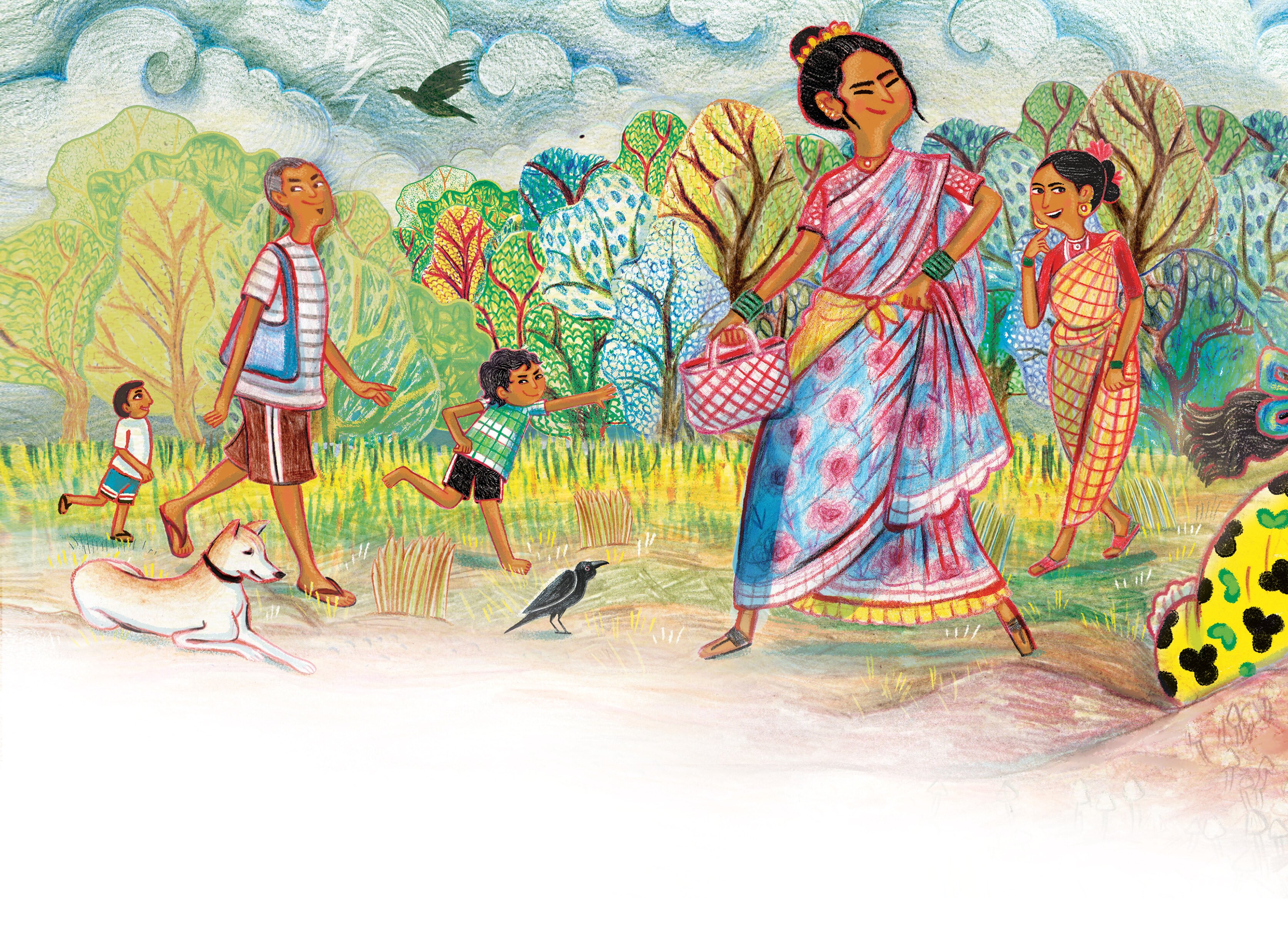 A group of people going into the fields to gather food
