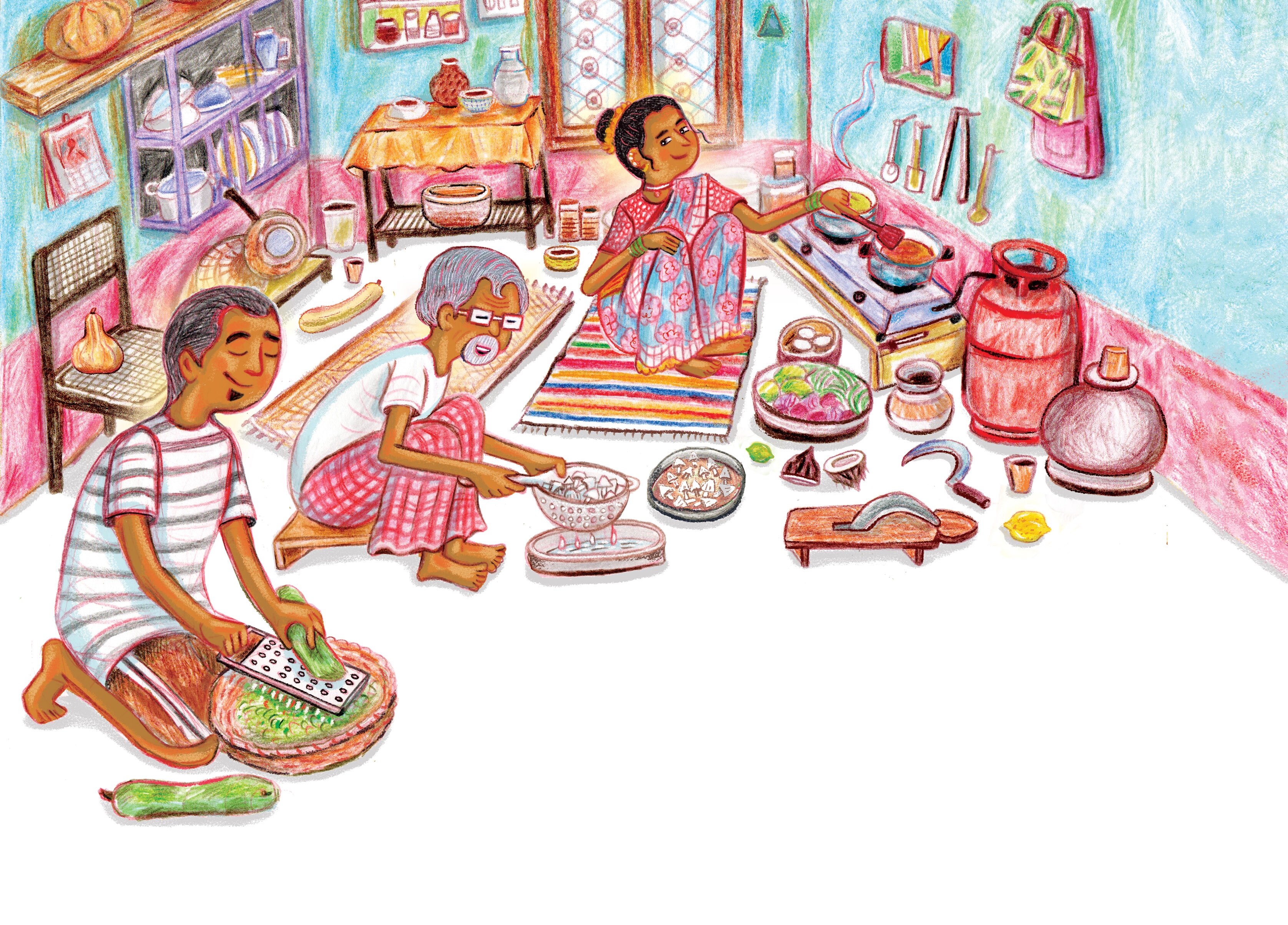 Men and women cooking in a local kitchen