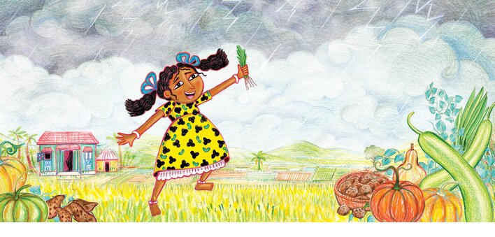A girl dancing amidst local fruits and vegetables