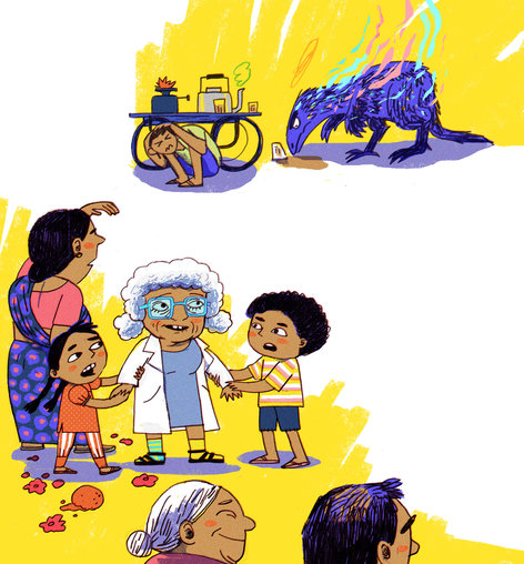 Children holding hands with an elderly woman in the market