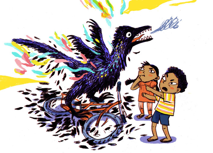 A boy and a girl looking at a feathery dinosaur-like creature