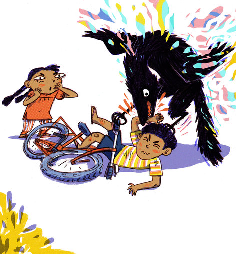 A bird-like creature attacking a boy