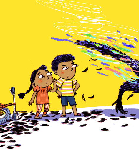 A girl and a boy watching a creature with feathers