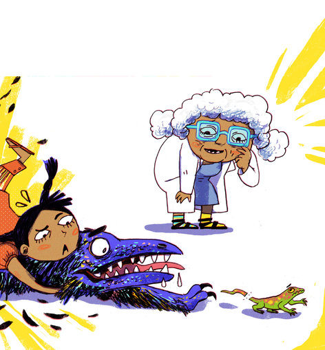 A girl pouncing on a dinosaur and an old lady watching
