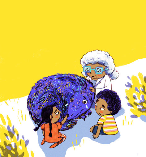 An old woman and children patting a dinosaur-like creature