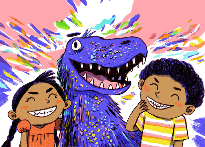 A boy and girl laughing along with a dinosaur
