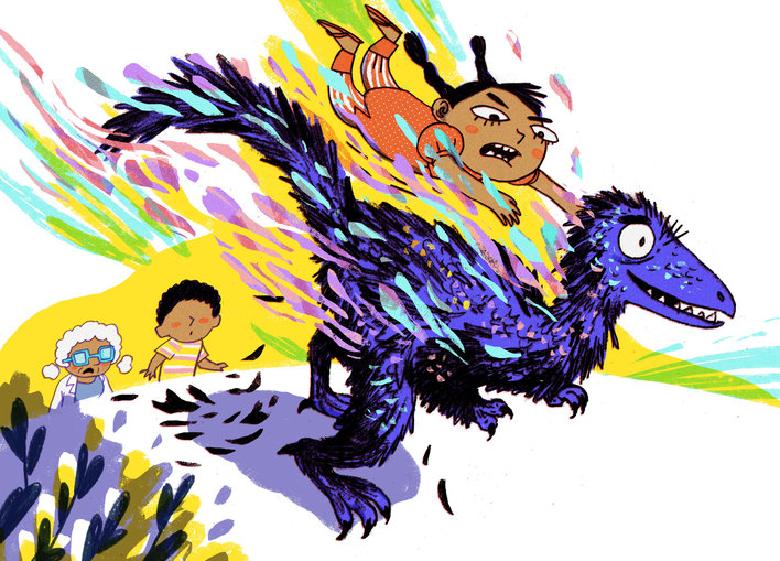 A girl chasing and pouncing a dinosaur-like creature