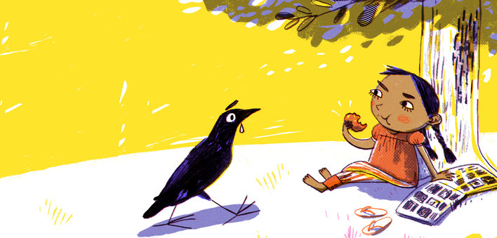 A crow approaching a girl eating an apple