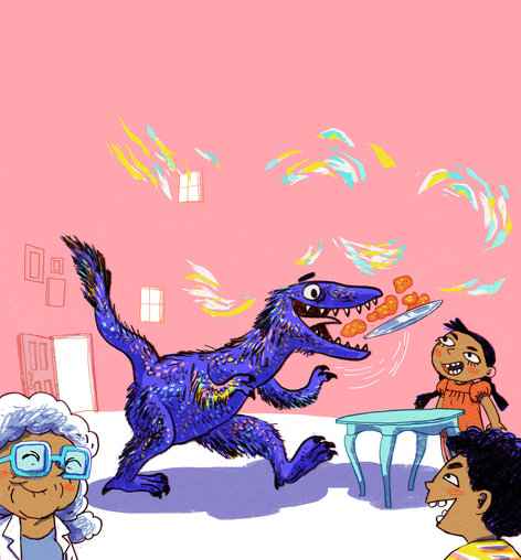 Children and an old woman watching a dinosaur-like creature with amusement