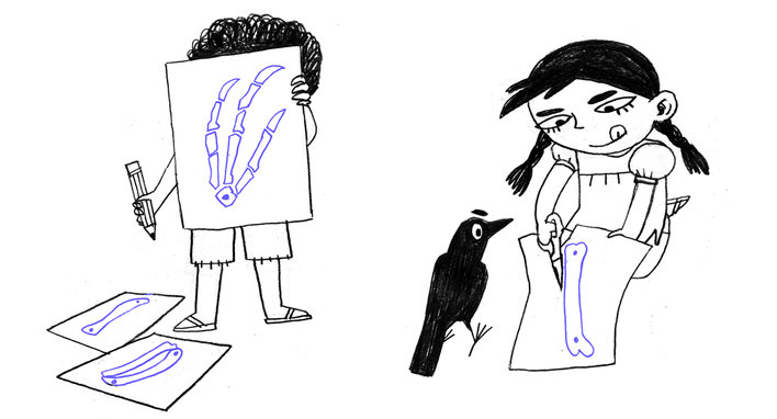 A girl and a boy drawing bones on paper