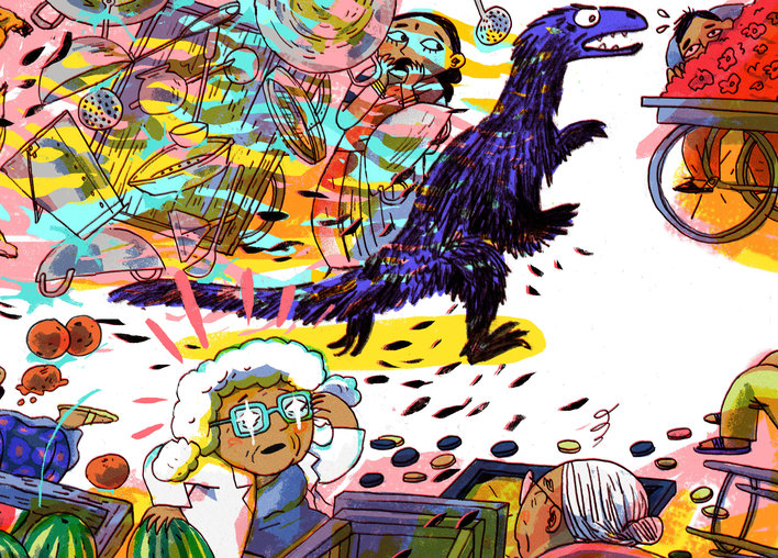 Kaakaasaurus in the market, creating chaos