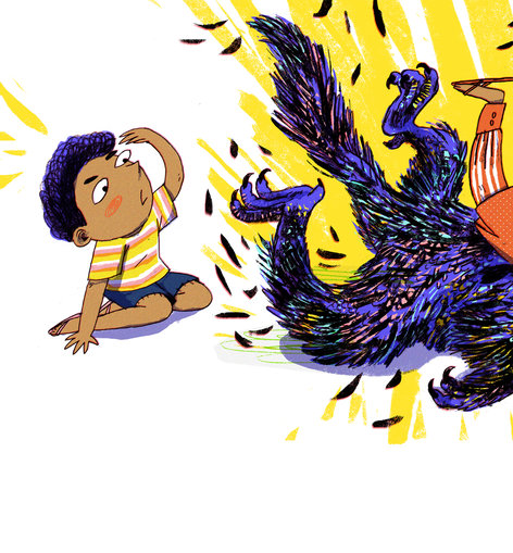 A boy observing the feathery feet of a dinosaur-like creature