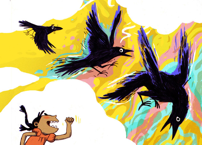 A girl chasing a crow that is getting bigger and bigger