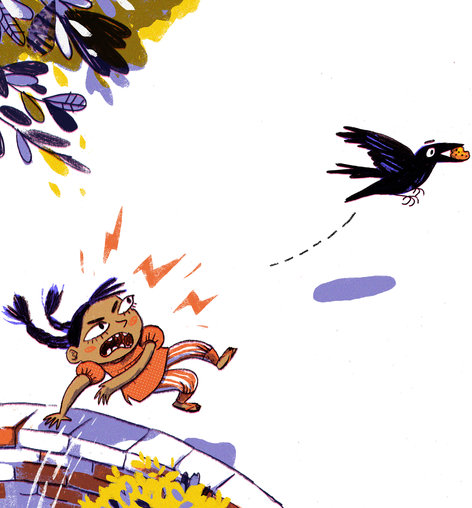 A girl annoyed with a crow for stealing her bajjis