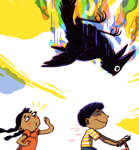 A boy cycling, a large crow in the sky