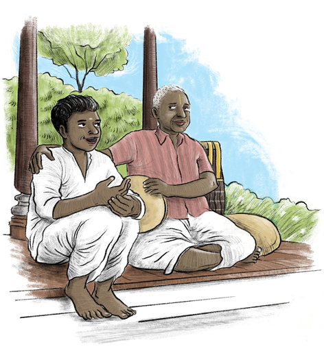 A boy sitting with his guru
