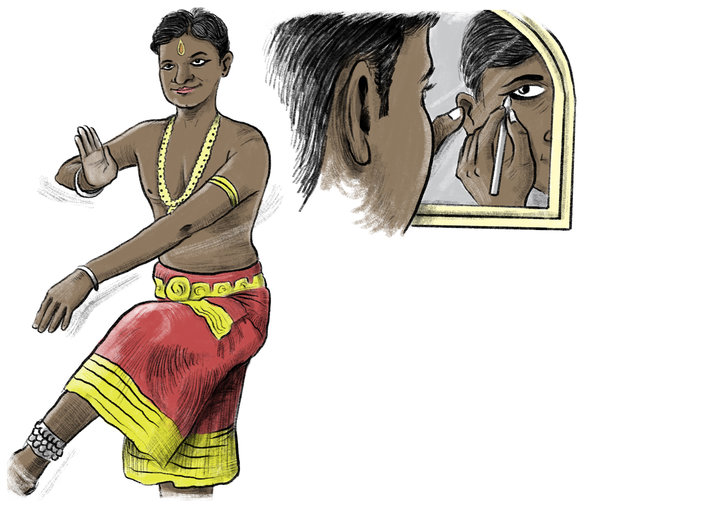 A boy putting on make up and dancing