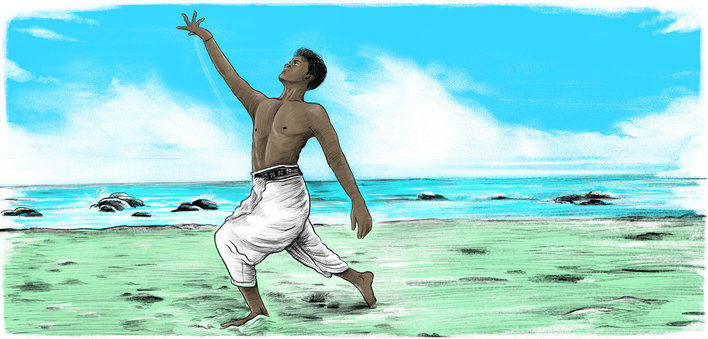 A man dancing at the beach