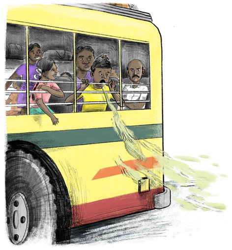 A boy throwing up in a bus