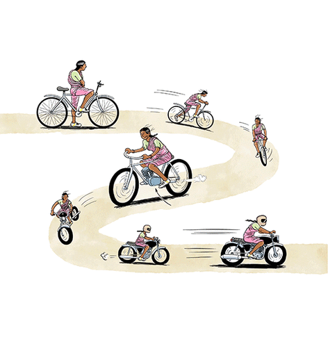 The transformation from a cycle to a motorcycle.