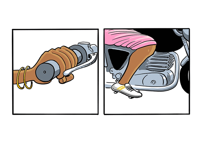 A woman makes the motorcycle accelerate.