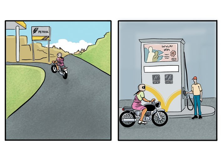 A woman on a motorcycle arrives at a petrol pump.