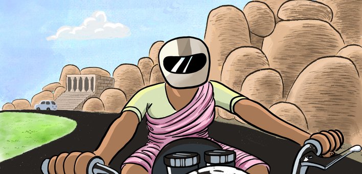 A woman is riding a motorcycle with a beautiful scene behind her.