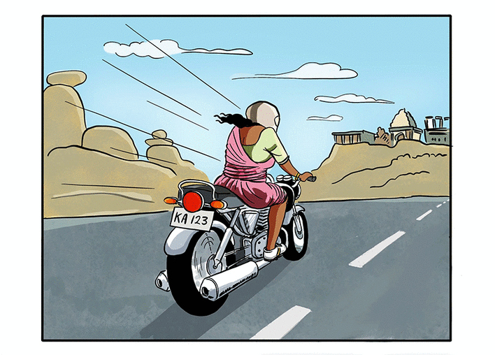 A woman zooms ahead on a motorcycle.