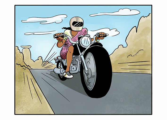 A woman speeds ahead on a motorcycle.