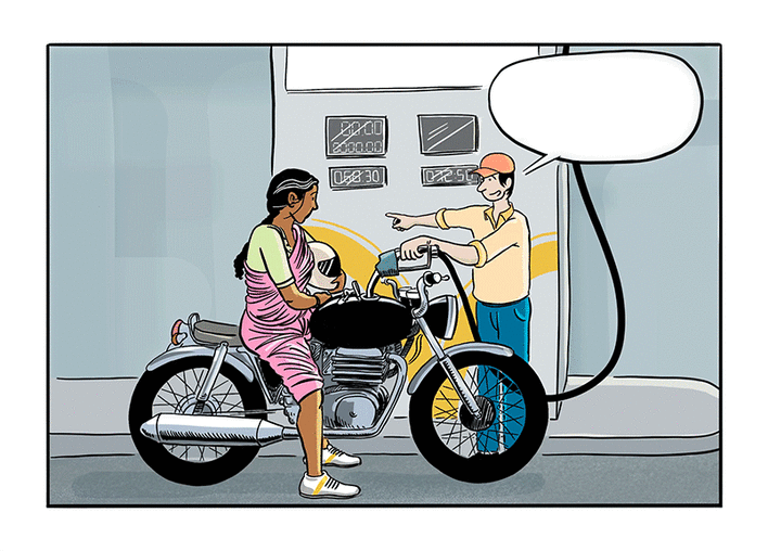 A man fills petrol in the motorcycle and asks the woman to check the meter.