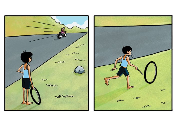 A boy sees a woman on a motorcycle and plays with a tyre.