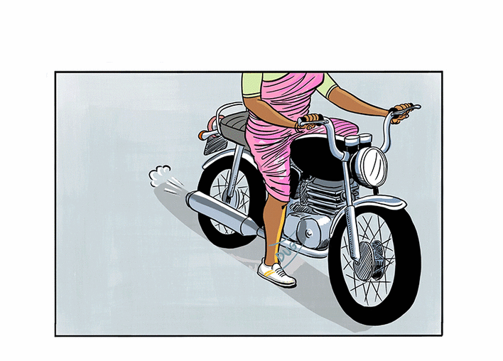 The engine of the motorcycle starts up.