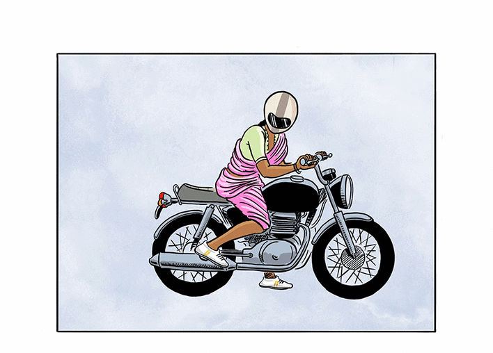 A woman starts the motorcycle with a kick.