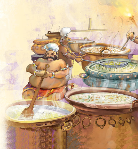 A huge feast being cooked by three men