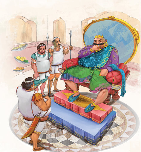 A king on a throne looking at a fat man who is holding his stomach