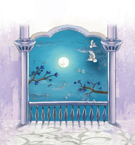 Moonlit night seen through a castle balcony