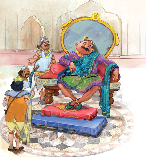 King sleeping on the throne with courtiers around him