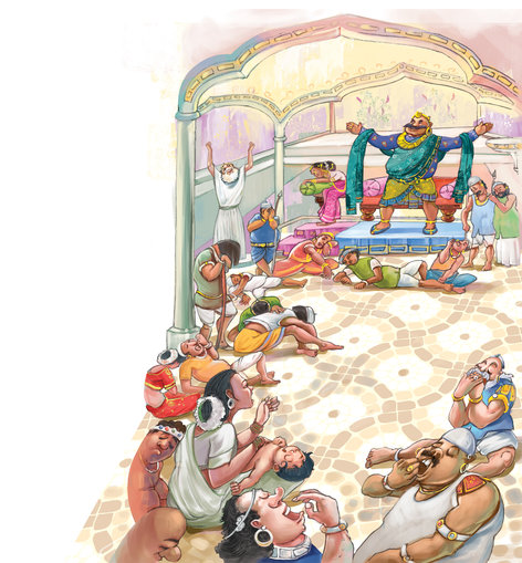 A king in the centre of a hall with everyone else sleeping around him