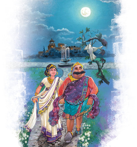 A king and his queen taking a stroll in the moonlit park