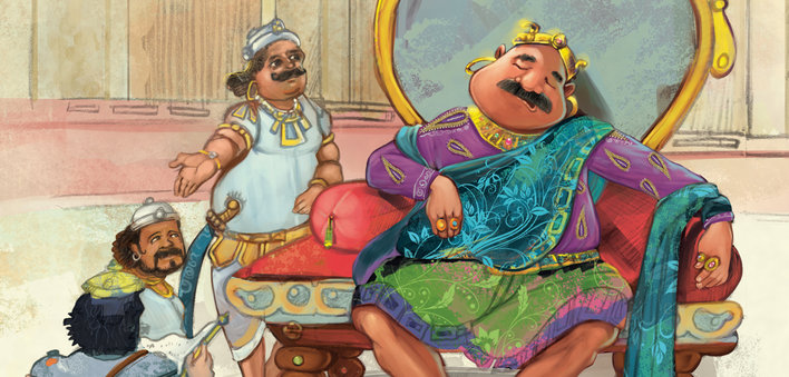 King sleeping on the throne with courtiers watching