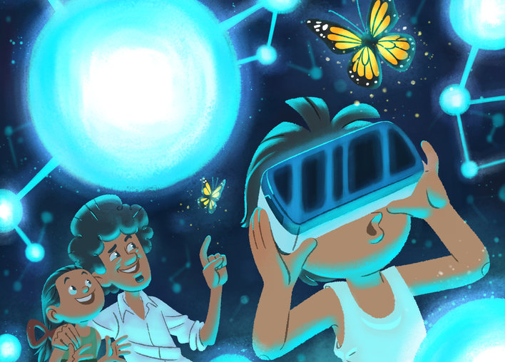 Children and man in a virtual world