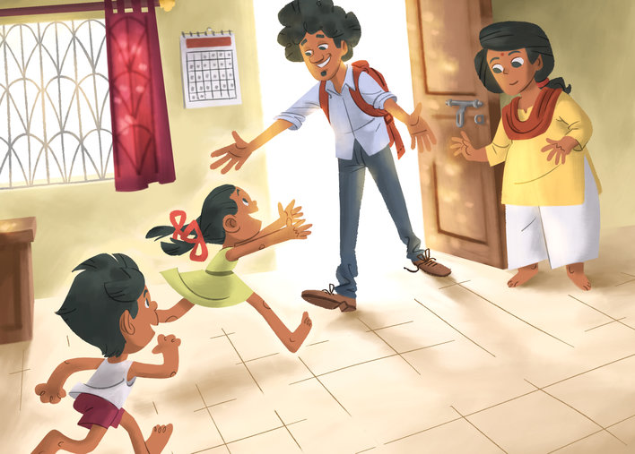 Children running to embrace man