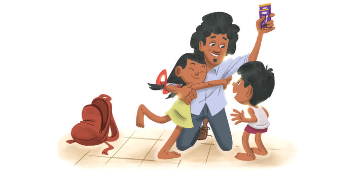 Children hugging man