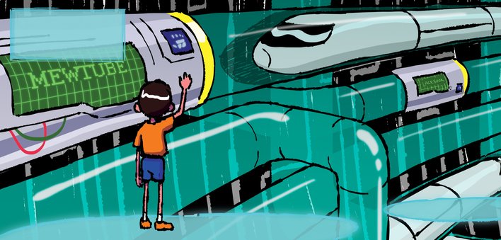 A boy stands on a platform waving while a train zooms past