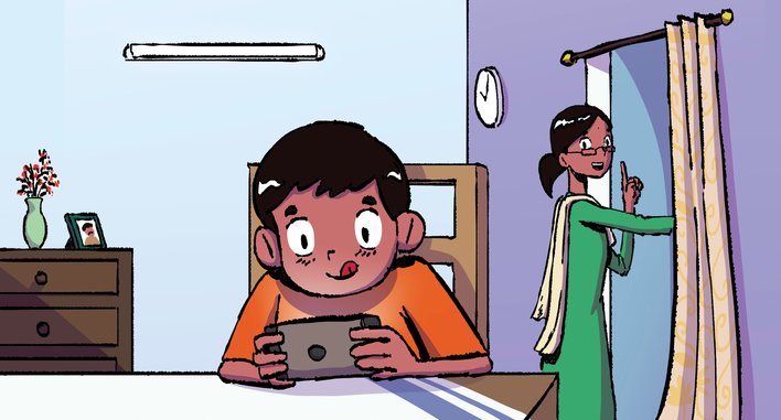 A boy is watching videos on a phone while his mother is standing behind