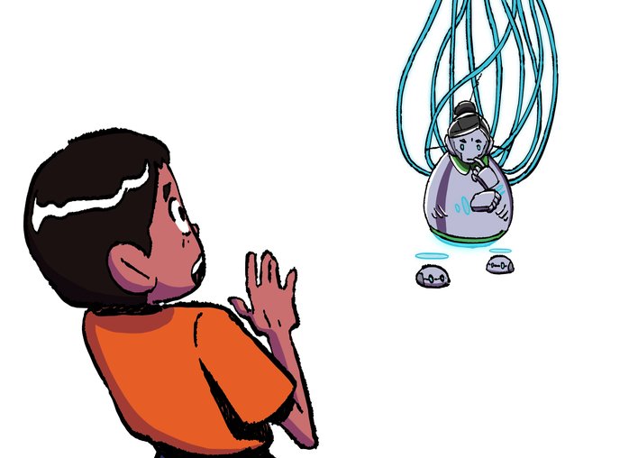 A boy looks scared while a robot thinks