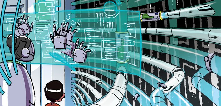 A robot works on a touch screen
