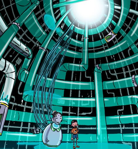 A boy and a robot stand on a platform surrounded by tubes with multiple trains zooming past