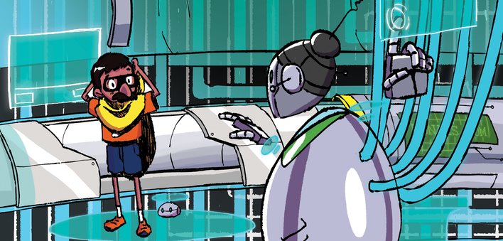 A boy wears a disguise while a robot works on a touch screen