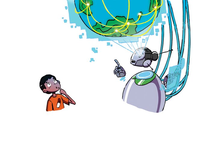 A boy and a robot look at the earth with multiple connections